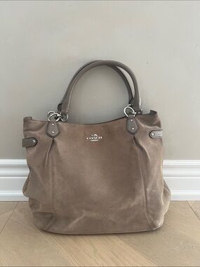 Coach Taupe Suede Shoulder Tote with Silver Hardware